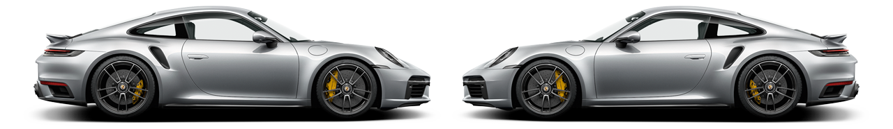 Two 2024 Porsche 911 Turbo S parked nose to nose